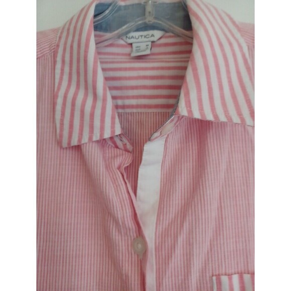 Nautica pink stripe buttondown shirt womens M cotton beach Coastal Granny preppy - Picture 3 of 11